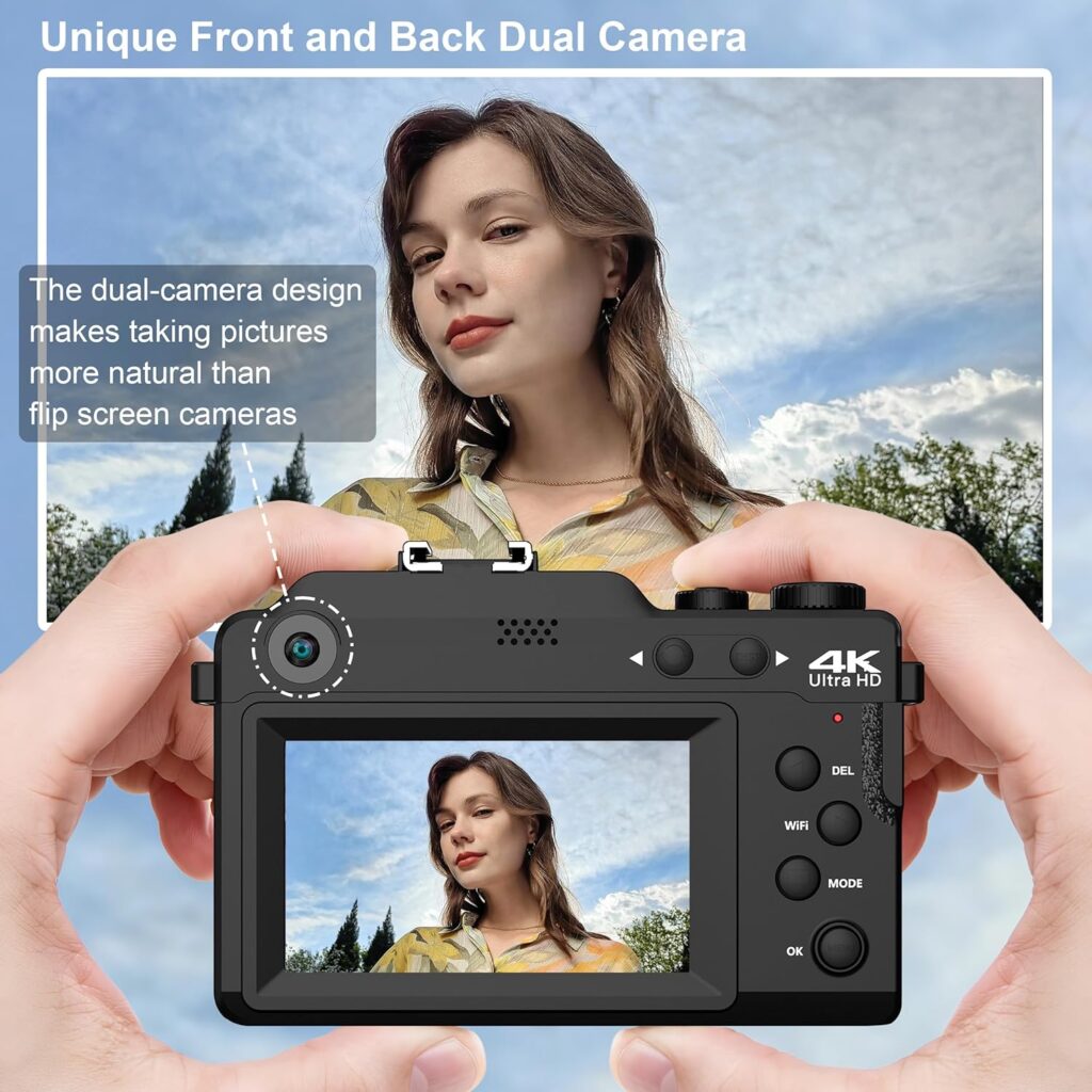 Digital Camera for Photography, 4K Vlog Camera, Dual Cam Front and Rear, Autofocus  Anti-Shake, 7 Color Filters, Face Detect, 3 IPS Screen, 140°Wide Angle, 18X Zoom, 64G TF Card  Hand Strap ACG-06