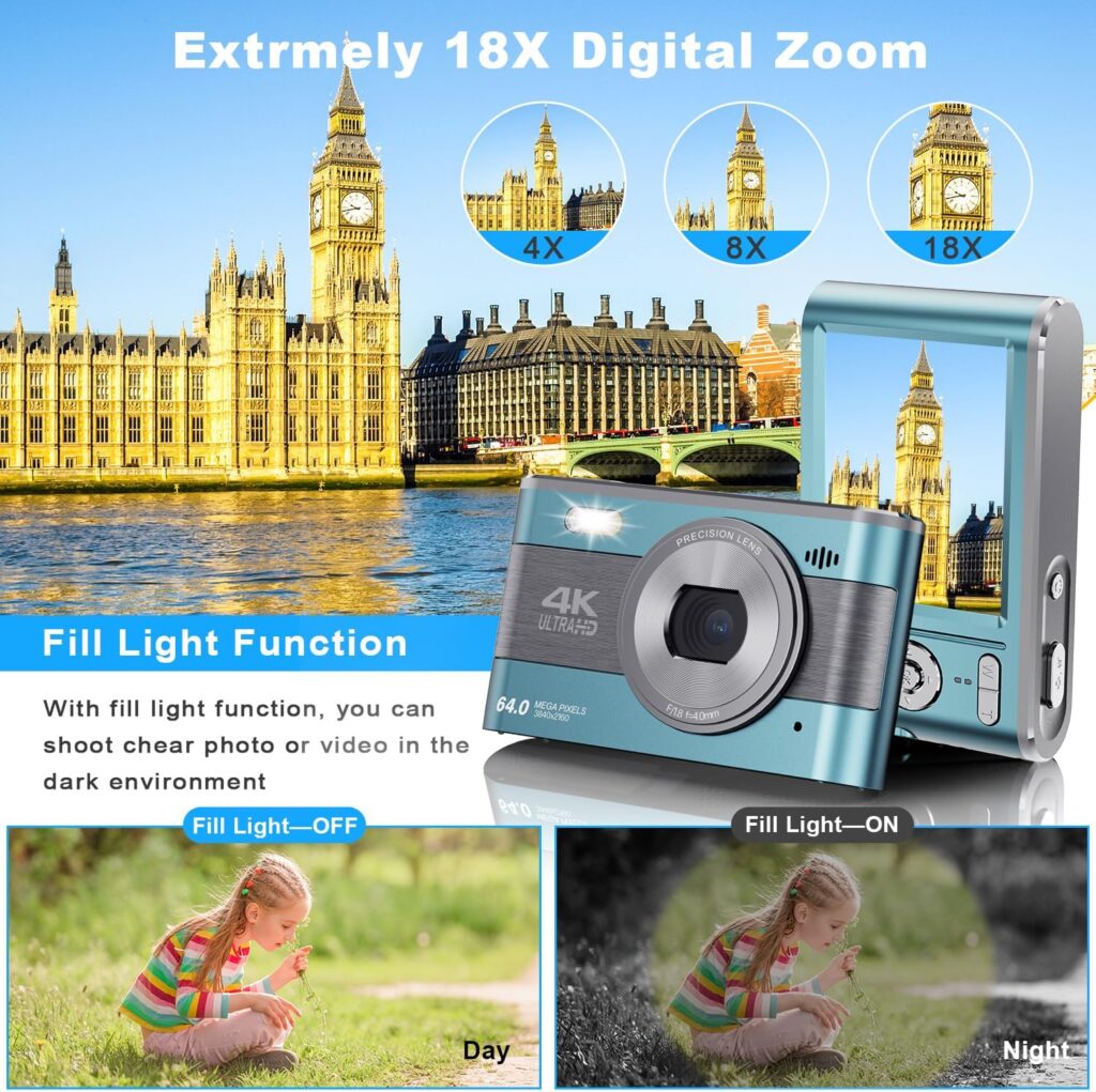 Digital Camera Full HD 4K Kids Digital Camera 64MP Compact Digital Camera with 64GB Card 18X Digital Zoom Point and Shoot Camera Portable Camera for Teens Students Boys Girls Seniors