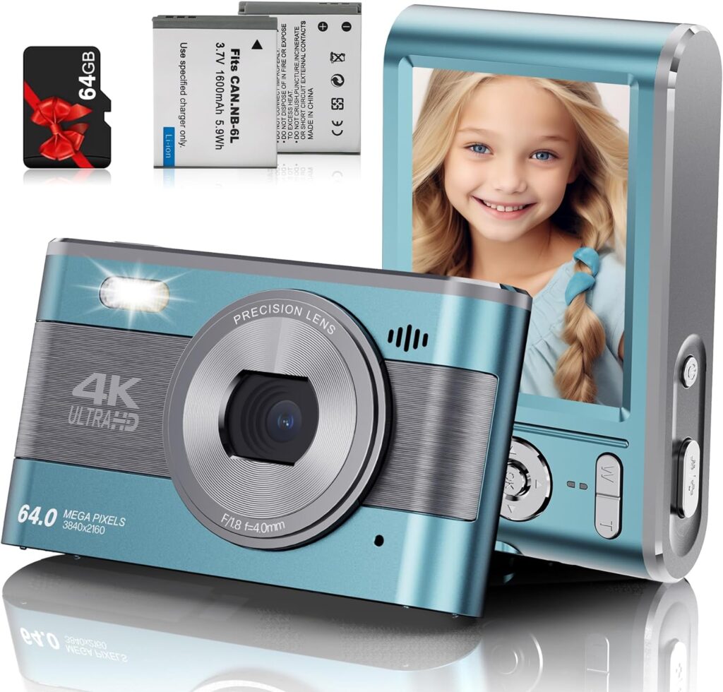 Digital Camera Full HD 4K Kids Digital Camera 64MP Compact Digital Camera with 64GB Card 18X Digital Zoom Point and Shoot Camera Portable Camera for Teens Students Boys Girls Seniors