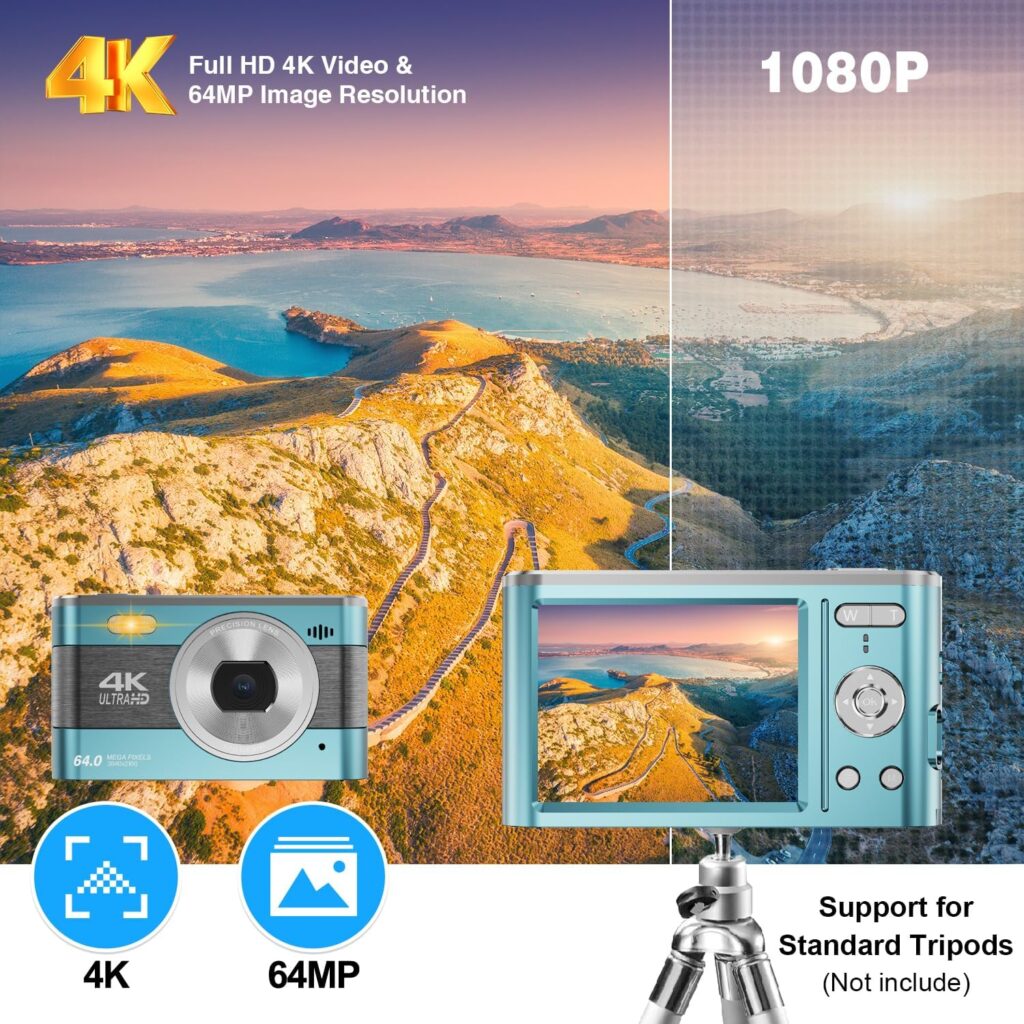 Digital Camera Full HD 4K Kids Digital Camera 64MP Compact Digital Camera with 64GB Card 18X Digital Zoom Point and Shoot Camera Portable Camera for Teens Students Boys Girls Seniors