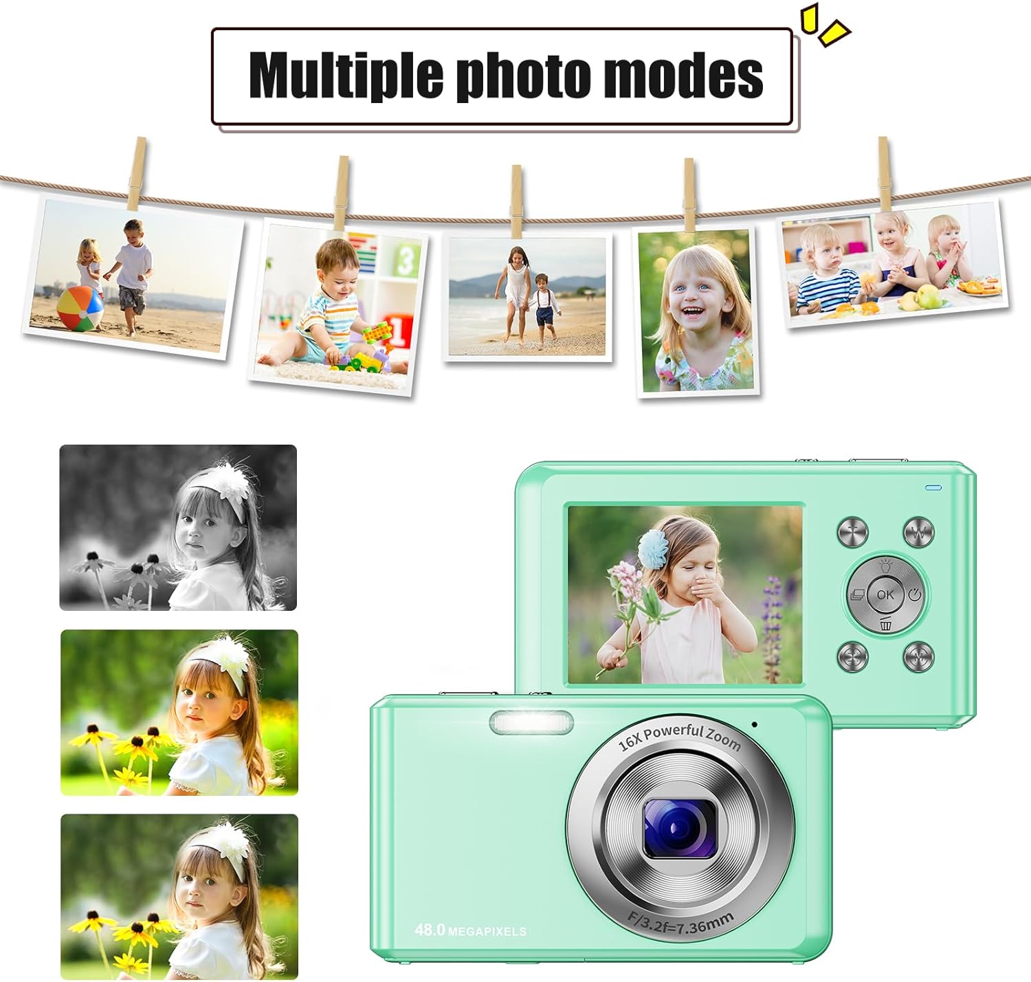 Digital Camera, HD 1080P Compact Camera with 32GB Memory Card, 48 Megapixel Camera, 2.4-inch LCD 16x Digital Zoom Digital Camera for Kids, Girls, Teens, Boys and Beginners（Green