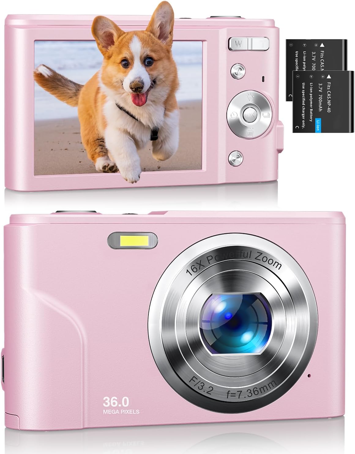 Digital Camera, Kids Camera 1080P 36MP Video Camera with Two Batteries, Time Stamp Antishake 16X Zoom, Compact Portable Camera Christmas Birthday Gift for Children Kid Teen Student Girl Boy(Rose Pink)