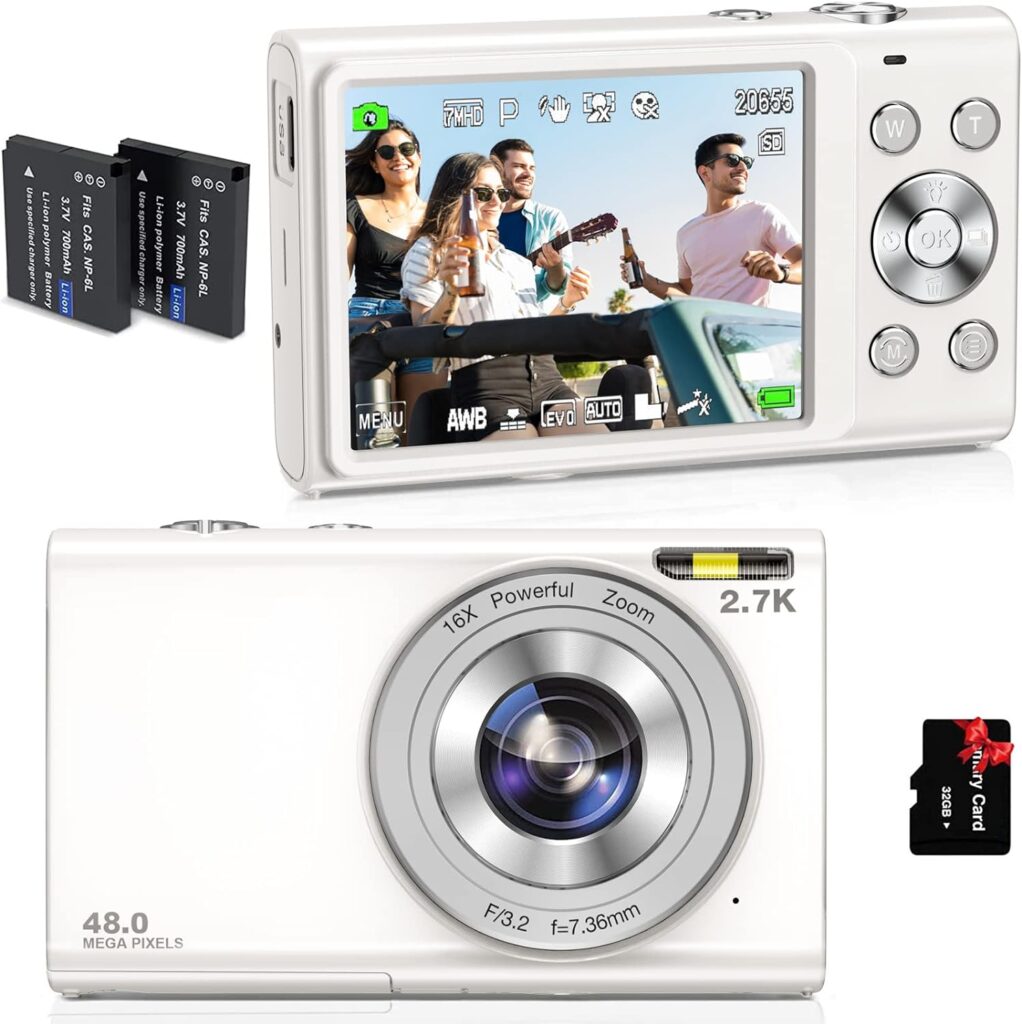 Jckduhan Digital Camera Auto Focus 2.7K Vlogging Camera HD 48MP 16X Digital Zoom Camera with 32G Memory Card 2 Batteries YouTube Portable Mini Compact Camera for Kids Teens Adult Beginner