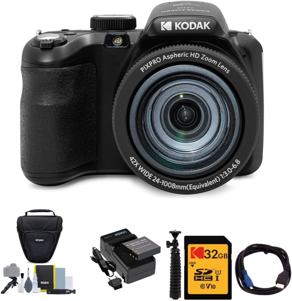 KODAK PIXPRO AZ425 Astro Zoom 20MP Digital Camera (Black) Bundle with 32GB SD Card, Holster Case and Accessory Kit, Battery and Charger Kit, Cable, and Tripod (6 Items)