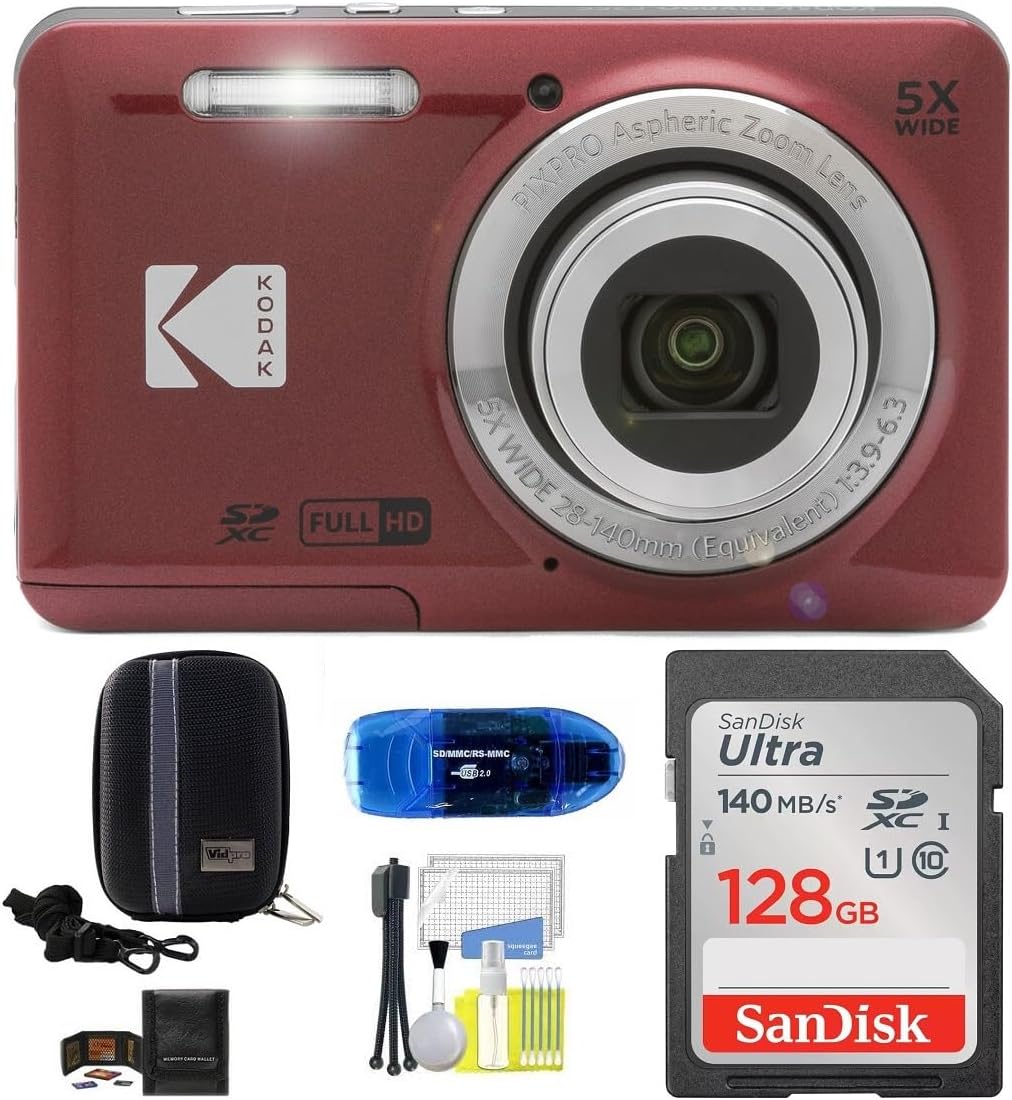 KODAK Pixpro FZ55 Digital Camera Bundle, Includes: SanDisk 128GB Memory Card, Hard Shell Camera Case, SD Card Reader and More (6 Items) (Red)