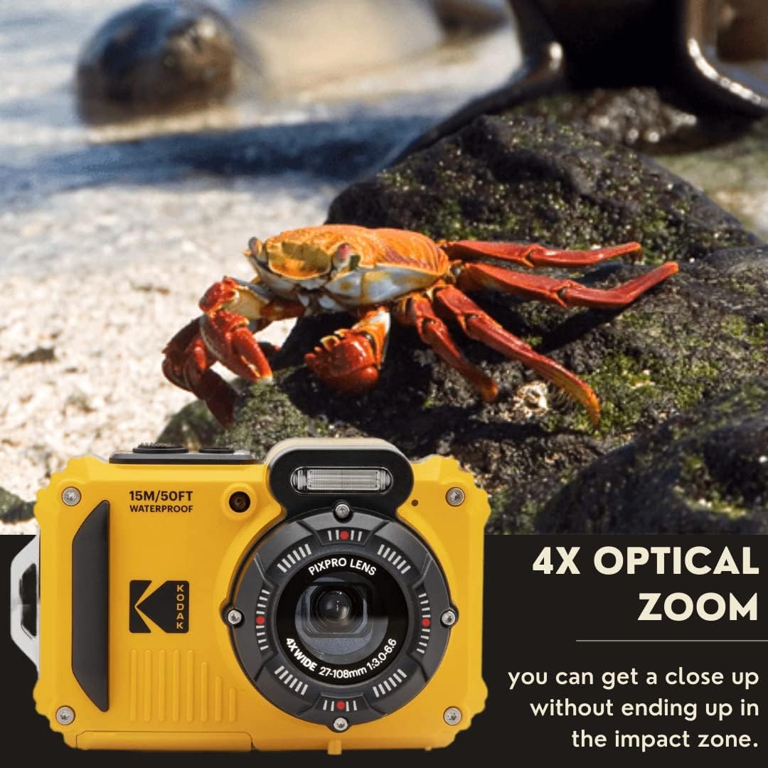 Kodak PIXPRO WPZ2 Rugged Waterproof 16MP Digital Camera with 4X Optical Zoom with Koah Nostrand Gadget Bag with Accessory Kit, 32GB UHS-I microSDHC, and Floating Strap Bundle (4 Items) Yellow