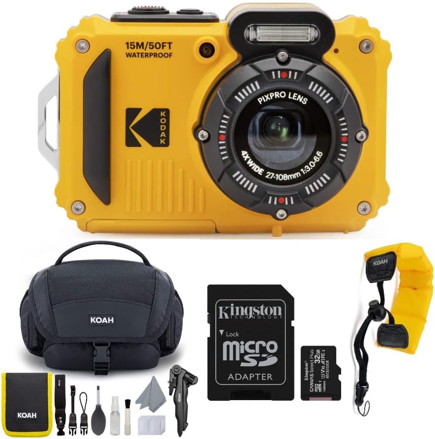 Kodak PIXPRO WPZ2 Rugged Waterproof 16MP Digital Camera with 4X Optical Zoom with Koah Nostrand Gadget Bag with Accessory Kit, 32GB UHS-I microSDHC, and Floating Strap Bundle (4 Items) Yellow